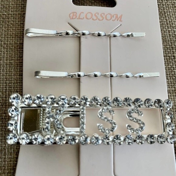 Hair clips fashion pins Rhinestone Silver Deco Hair Clips "KISS" set of 3 PCS - Picture 3 of 6